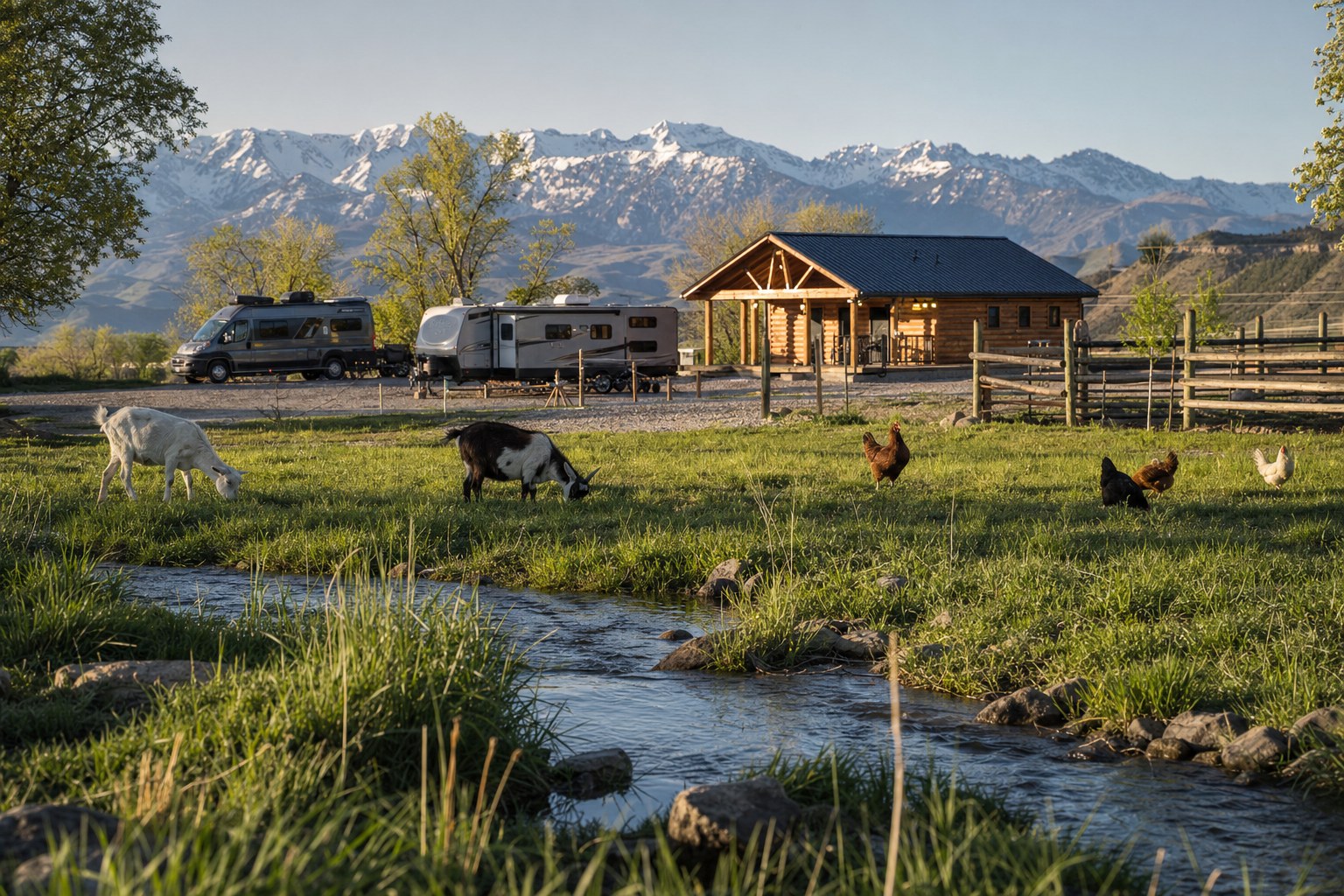 Family near an RV member site on a green rural homestead retreat with livestock, spring water, and snow capped mountains
