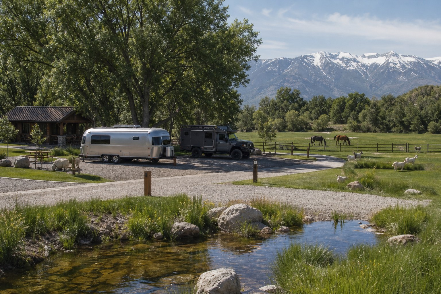 Designated RV and camper member sites on green pasture with clubhouse, livestock, and snow capped peaks